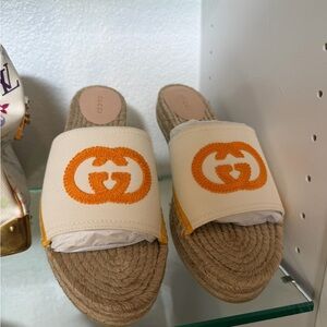 Gucci Women's Cream and Orange Espadrille Sandals